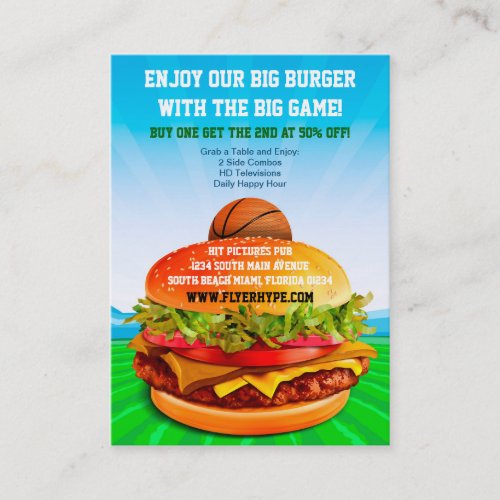 Flyer Hype Burger Cafe Sports Bar Basketball Food Business Card