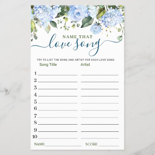 FLYER PAPER Blue Flower Name that Love Song Game