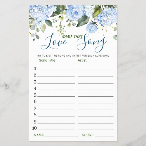 FLYER PAPER Blue Flower Name that Love Song Game