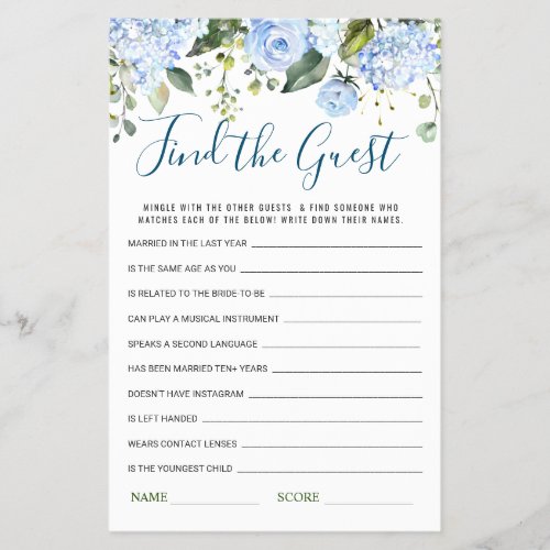 FLYER PAPER Blue Hydrangea Find the Guest Game