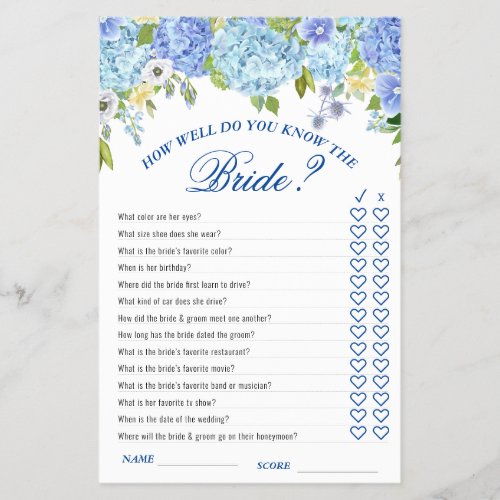 FLYER PAPER Blue Hydrangea Greenery Bridal Game