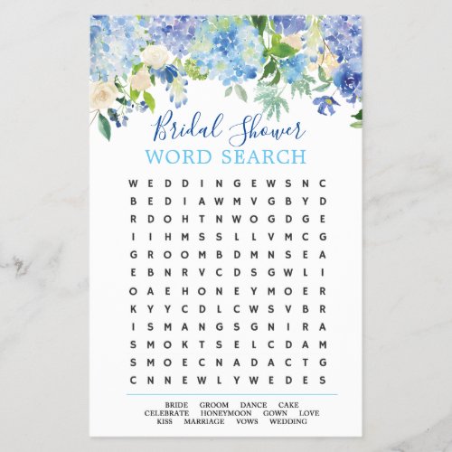 FLYER PAPER Blue Hydrangea Word Search Bridal Game