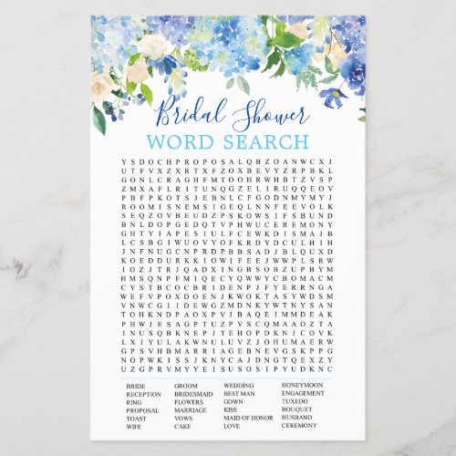 FLYER PAPER Blue Hydrangea Word Search Bridal Game