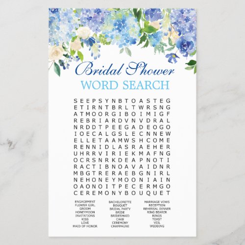 FLYER PAPER Blue Hydrangea Word Search Bridal Game