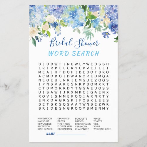 FLYER PAPER Blue Hydrangea Word Search Bridal Game