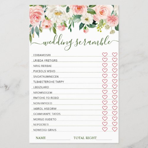 FLYER PAPER Bride Pink Blush Flowers Scramble Game