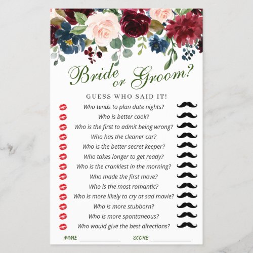 FLYER PAPER Burgundy Navy Blue Blush Flower Game