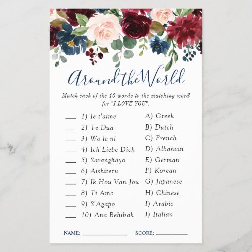 FLYER PAPER Burgundy Navy Blue Blush Flower Game