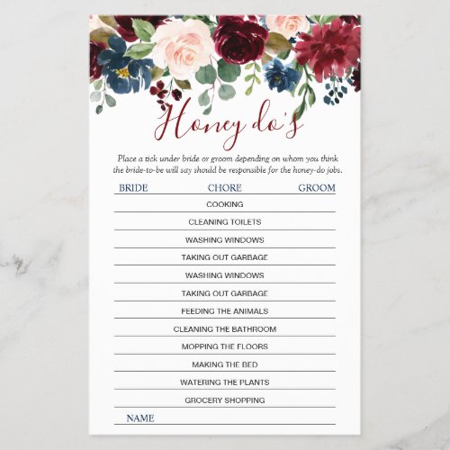 FLYER PAPER Burgundy Navy Blush Flowers Games