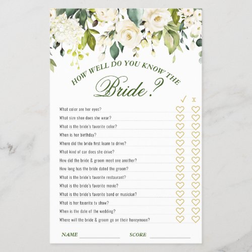 FLYER PAPER Ivory White Roses Bridal Game