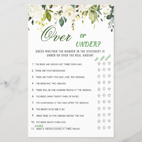 FLYER PAPER Ivory White Roses Floral Bridal Game