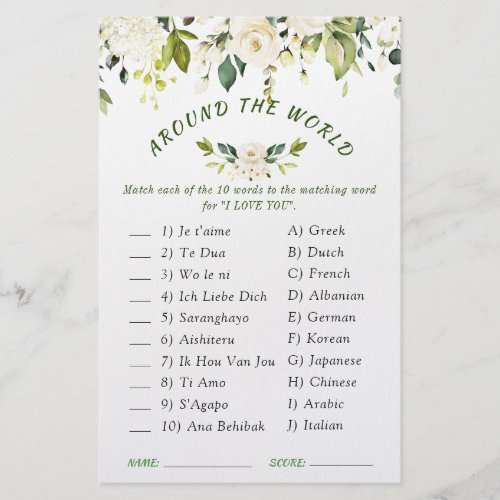 FLYER PAPER Ivory White Roses Greenery Bridal Game