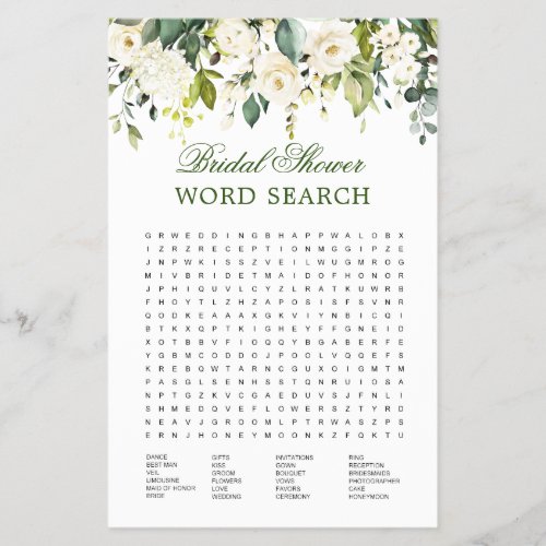 FLYER PAPER Ivory White Word Search Bridal Game