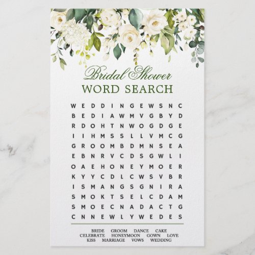 FLYER PAPER Ivory White Word Search Bridal Game