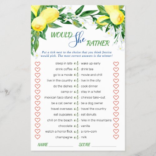 FLYER PAPER Lemons Blossom Greenery Bridal Game