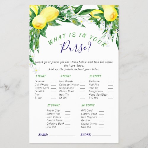 FLYER PAPER Lemons Blossom Greenery Bridal Game