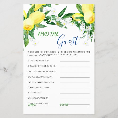 FLYER PAPER Lemons Blossom Greenery Bridal  Game