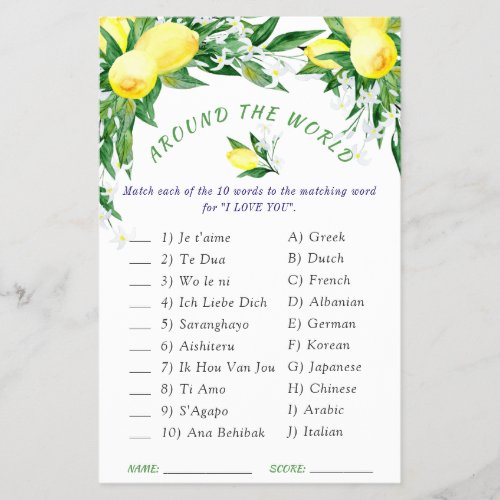 FLYER PAPER Lemons Blossom Greenery Bridal Game