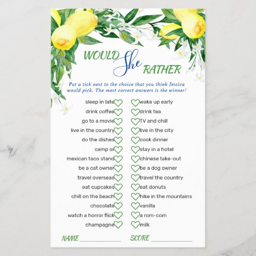 FLYER PAPER Lemons Blossom Greenery Bridal Game