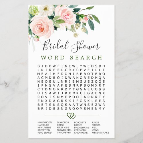 FLYER PAPER Pink Blush Word Search Bridal Game