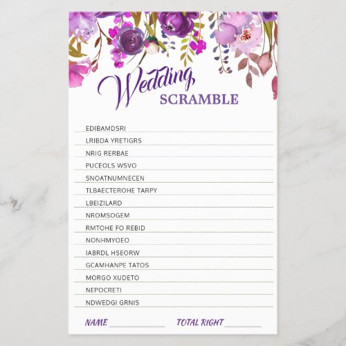 FLYER PAPER Purple Violet Bridal Shower Game