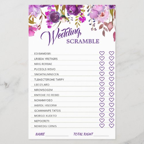 FLYER PAPER Purple Violet Bridal Shower Game