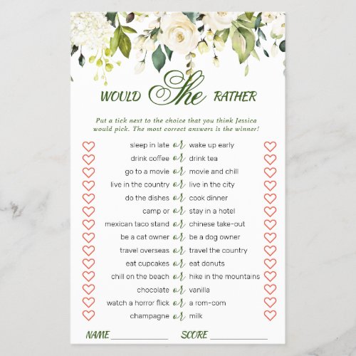 FLYER PAPER White Roses Floral Bridal Shower Game