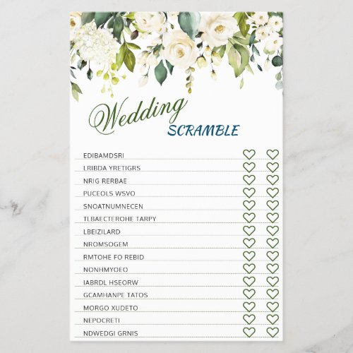 FLYER PAPER White Roses Floral  Bridal Shower Game