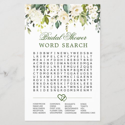 FLYER PAPER White Roses Word Search Bridal Game