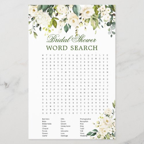 FLYER PAPER White Roses Word Search Bridal Game