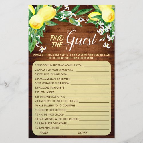 FLYER PAPER Wood Lemons Blossom Bridal Game