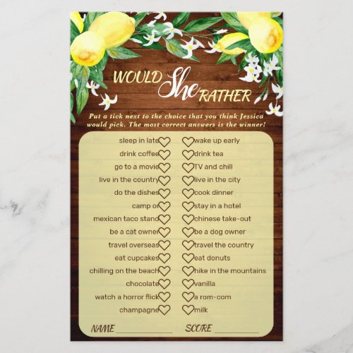 FLYER PAPER Wood Lemons Blossom Bridal Game