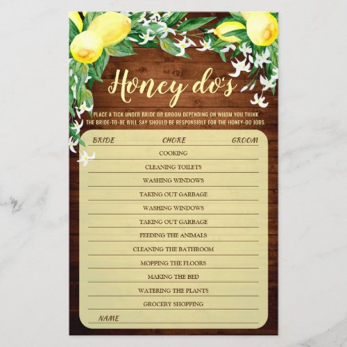 FLYER PAPER Wood Lemons Blossom Bridal Game