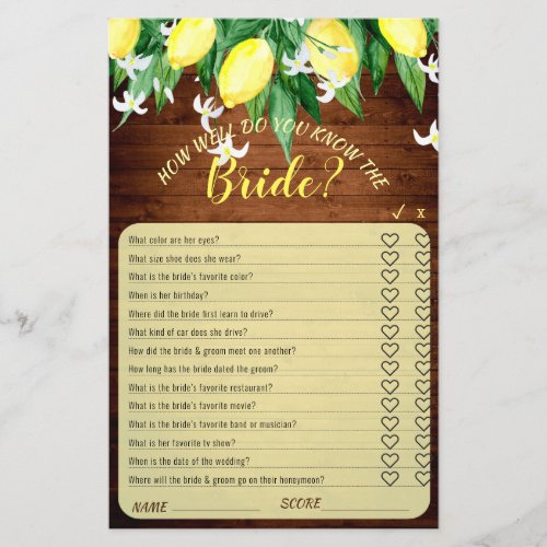 FLYER PAPER Wood Lemons Blossom Bridal Game