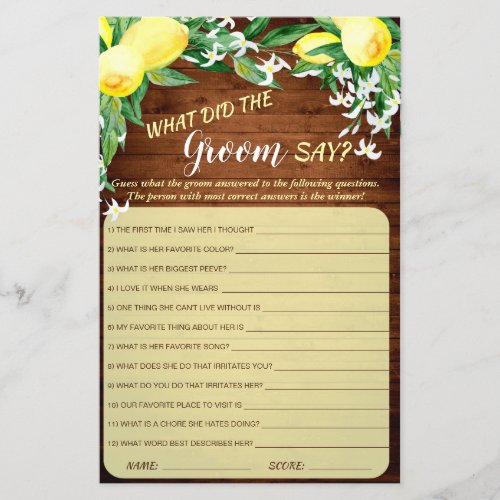 FLYER PAPER Wood Lemons Blossom Bridal Game