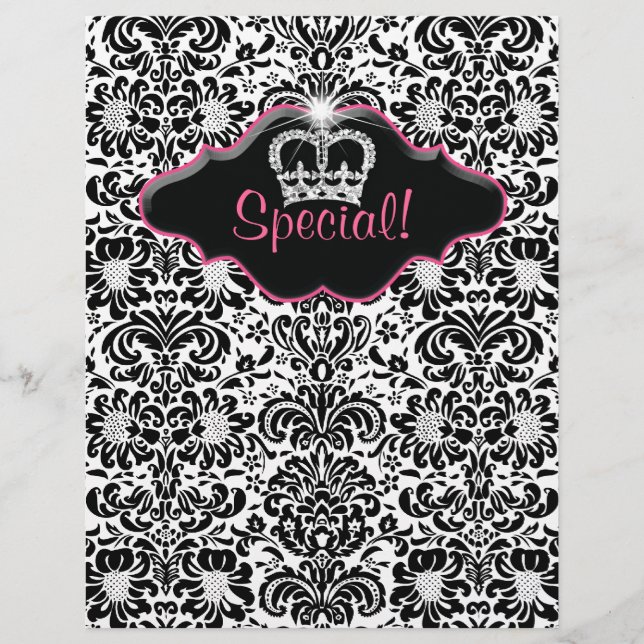 Flyer Salon Floral Damask Black White Pink Crown (Front)