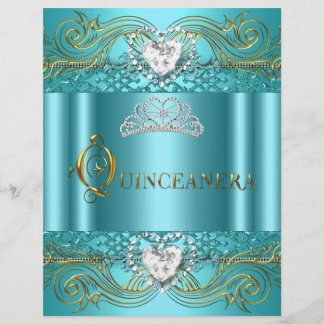 Flyer Teal Blue Silver Gold Quinceanera Birthday