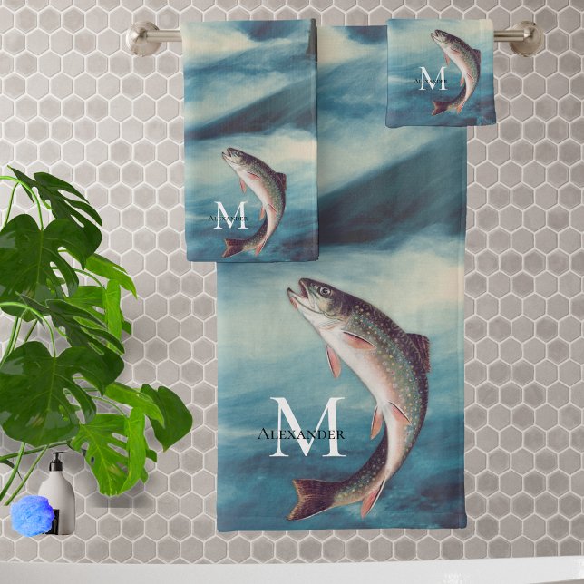 Flyfishing Trout Fisherman  Blue River  Monogram Bath Towel Set (Creator Uploaded)