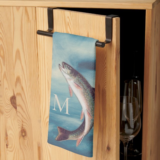 Flyfishing Trout Fisherman  Blue River  Monogram  Kitchen Towel (Thirds Fold)