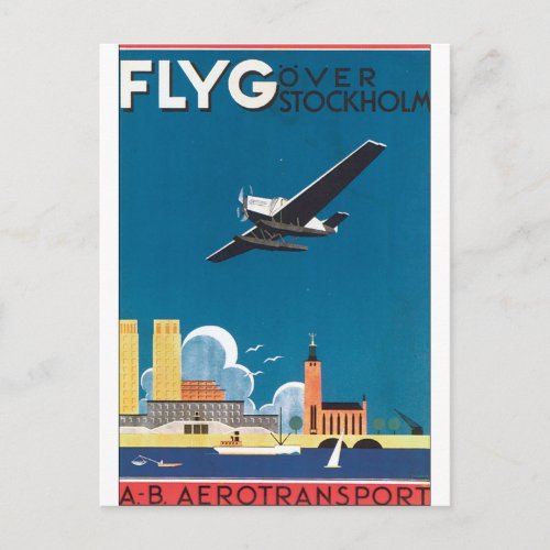 FlyG Over Stockholm Vintage Travel Poster Postcard