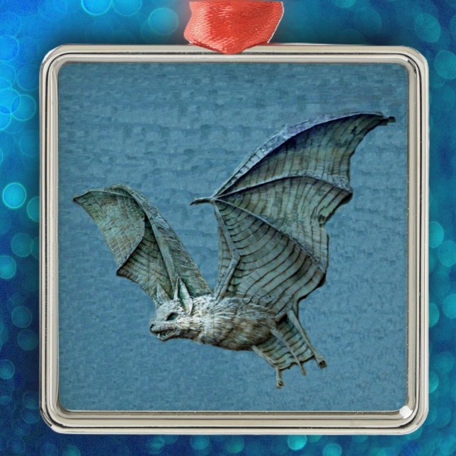 Flying 3D Blue Bat Metal Ornament (Spooky flying blue bat with white face on blue hanging Halloween ornament.)