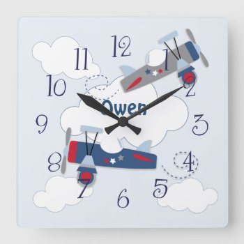 Flying Airplane Adventure Baby Boy Nursery Clock by Personalizedbydiane at Zazzle