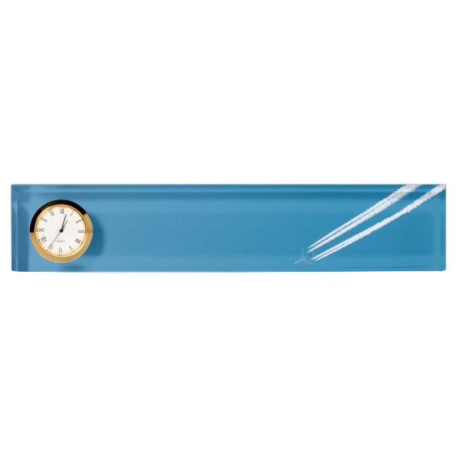 Flying airplane on a blue sky background nameplate (Front)