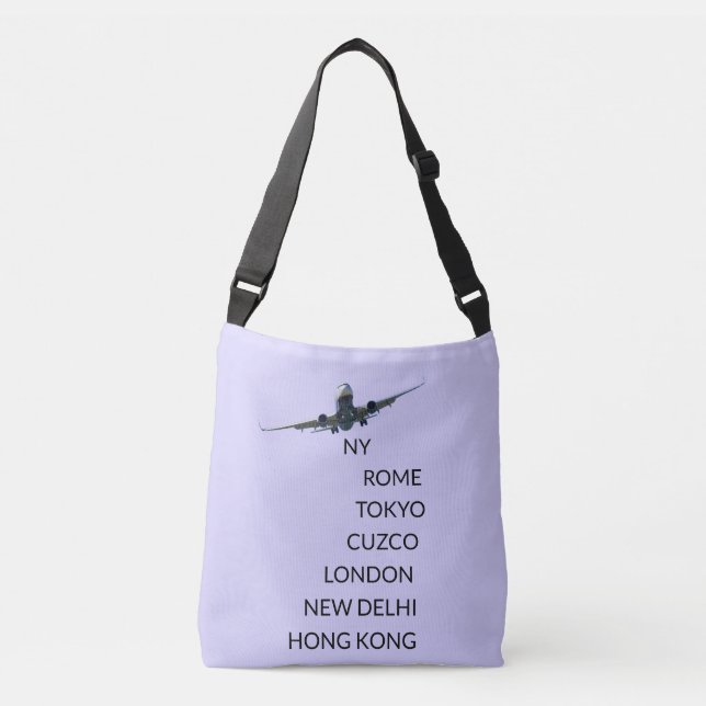 Flying airplane on light periwinkle blue crossbody bag (Front)