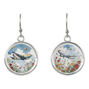 Flying Airplanes and Roses with Blue Sky Earrings