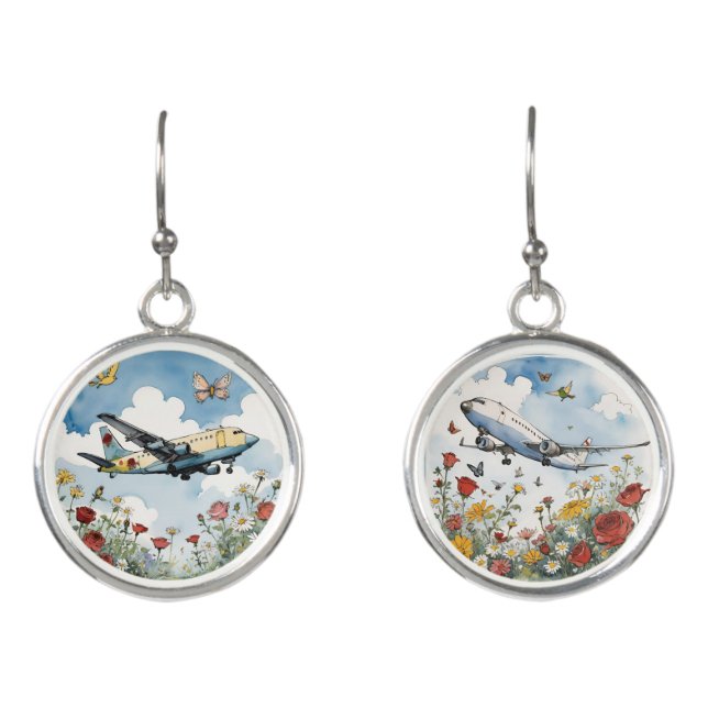 Flying Airplanes and Roses with Blue Sky Earrings (Front)