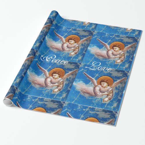 FLYING ANGEL IN BLUE CHRISTMAS JOY PEACE LOVE WRAPPING PAPER