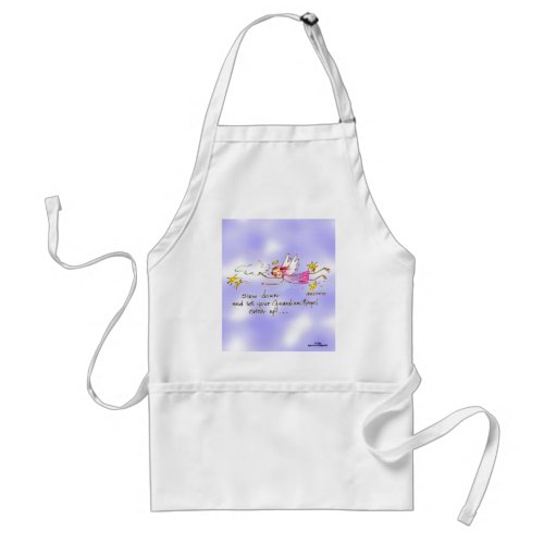 Flying angel in purple gold stars says slow down  adult apron
