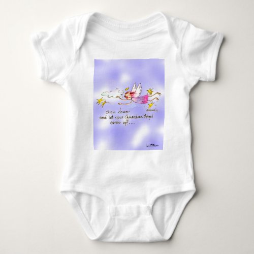 Flying angel in purple gold stars says slow down  baby bodysuit