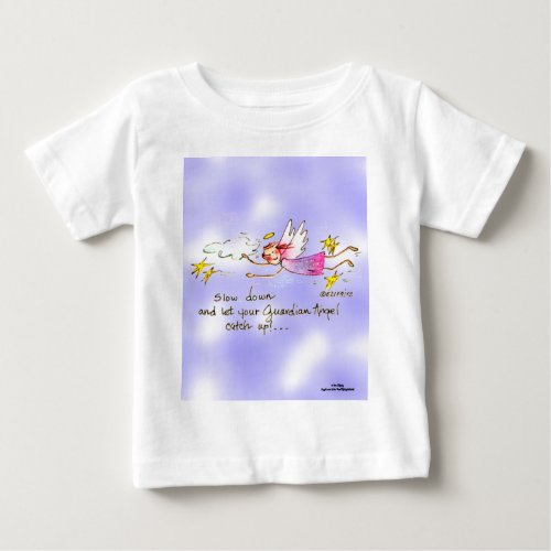 Flying angel in purple gold stars says slow down  baby T_Shirt